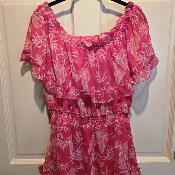 Jessica Simpson Pink Leaf Print Off Shoulder Dress - Picture 5 of 6